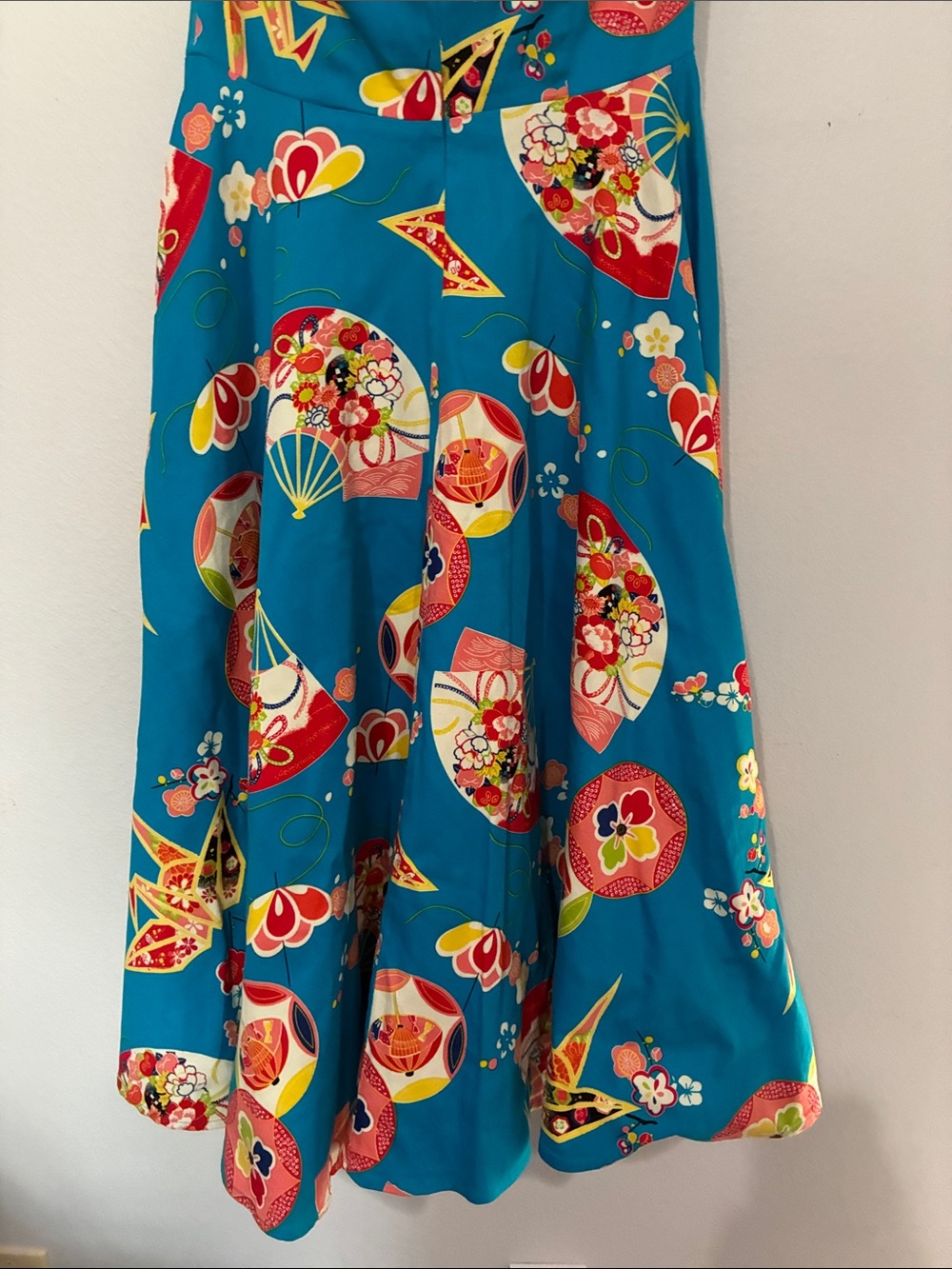Trashy Diva Teal Floral Fit-and-Flare Geisha Fan Asian Dress with Red Bust - Picture 7 of 12